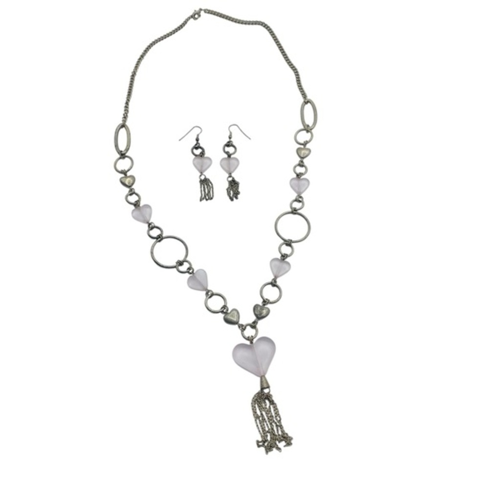 Vintage Pink Heart Necklace & Earring Set – Silver Tone with Tassel Detail